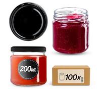 KADAX Tarros Pequeños de 200 ml, Botes de Cristal con Tapa Hermética de 66 mm para Miel, Conservas, Especias y Mermeladas (100 Unidades, Negro)