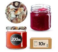KADAX Tarros Pequeños de 200 ml, Botes de Cristal con Tapa Hermética de 66 mm para Miel, Conservas, Especias y Mermeladas (10 Unidades, Setas)