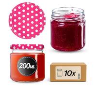 KADAX Tarros Pequeños de 200 ml, Botes de Cristal con Tapa Hermética de 66 mm para Miel, Conservas, Especias y Mermeladas (10 Unidades, Puntos Rosas)