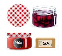KADAX Tarros pequeños de 250 ml, tarros de mermelada con tapa, frascos herméticos para regalar, minitarros para miel y especias (20 unidades, cuadros rojos)