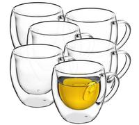 KADAX Taza de cristal de doble pared, 250 ml, con asa ancha, para zumo, té, café, capuchino, agua, té helado, hielo, vidrio universal, vaso de té, vacío (6)