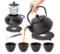 KADAX Tetera de hierro fundido con tazas de té, Juego de té japonés de hierro fundido, juego de té tradicional con filtro de malla y taza de té, tetera con mango resistente (negro)