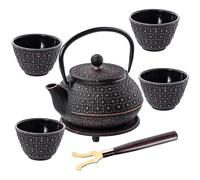 KADAX Tetera japonesa de 0,8 l con 4 tazas de té para té suelto, juego de té japonés de hierro fundido, tetera de hierro fundido con colador, tapa, asa y posavasos (negro)