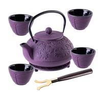 KADAX Tetera japonesa de 1 litro con 4 tazas de té para té suelto, juego de té japonés de hierro fundido, tetera de hierro fundido con colador, tapa, asa y posavasos (morado)