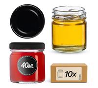 KADAX Weckgläser 40 ml, mini tarro de conservas, tarros de especias con tapa de rosca, tarros de prueba, tarros de mermelada, mini tarros de miel, tarros redondos (10 unidades, tapa negra)