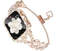KADES Compatible con Apple Watch Band y Case Series 3, 2 y 1, brilla a tu reloj con nuestra correa de metal brillante y elegante para mujer con protector de pantalla completo de diamante (42 mm, oro