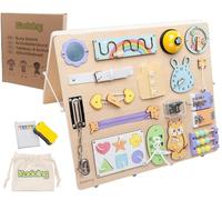 Kadoing Tablero de actividad Montessori XL, doble tablero de madera con 18 elementos educativos, pizarra y bolsa de juguete, desarrollo motor para niños pequeños y preescolares