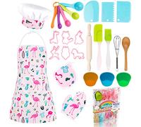 KAEGREEL Set de Cocina Juguetes con Delantal Flamenco, 26Pcs Hornear Accesorios Cocinita Infantil con Gorro Cocinero Cucharas Batidora, Disfraz Cocinero Regalos para Niño Niña 3+ Años