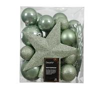 Kaemingk Bolas de Navidad de plástico con estrella para árbol de Navidad, juego de 33 unidades, irrompibles y punta para árbol de Navidad, color verde