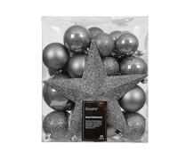 Kaemingk Bolas de Navidad de plástico con estrella para árbol de Navidad, juego de 33 unidades, irrompibles y punta para árbol de Navidad, color gris