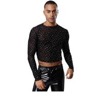 Kaerm Camiseta interior de malla de manga larga para hombre, semitransparente, deportiva, estampada, festival, discoteca, danza, camiseta interior corta, talla M-XXL, Lentejuelas negras, M