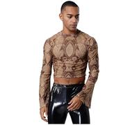 Kaerm Camiseta interior de malla de manga larga para hombre, semitransparente, deportiva, estampada, festival, discoteca, danza, camiseta interior corta, talla M-XXL, marrón, M
