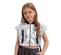 Kaerm - Chaleco metálico para niños, chaleco de carga sin mangas, chaqueta corta holográfica para niñas, chaqueta de traje Hip Hop Jazz Street Dance, ropa de baile Dancewear, plata, 110-116
