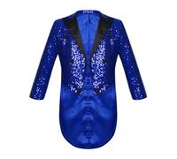 Kaerm Chaqueta de traje para niños con lentejuelas de manga larga con purpurina y cuello de solapa, chaqueta con botones, disfraz de discoteca, A_azul., 146-152 cm