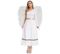 Kaerm Disfraz de ángel de Navidad para mujer, alas de ángel, blanco y negro, disfraz de un hombro, vestido elegante, vestido maxi con vuelos de plumas, traje de diosa griega, color blanco, XXL