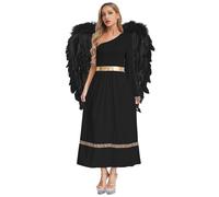 Kaerm Disfraz de ángel de Navidad para mujer, alas de ángel, blanco y negro, disfraz de un hombro, vestido elegante, vestido maxi con vuelos de plumas, traje de diosa griega, negro, S