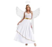 Kaerm Disfraz de ángel para mujer, 3 piezas, blanco y negro, disfraz con elegante vestido de plumas, alas de ángel, aureola para Navidad, Halloween, carnaval, mascarada, color blanco A 4XL