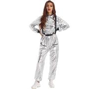 Kaerm Disfraz de astronauta para mujer, plata y azul, manga larga, cuerpo completo, para niña espacial, traje de viajero, para carnaval, fiesta temática, plata, S