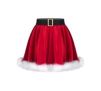 Kaerm Disfraz de Navidad para niña de terciopelo, minifalda plisada de cintura alta, falda de invierno con ribete de plumas, color rojo, 158-164