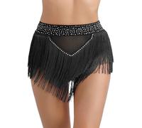 Kaerm Pantalones cortos de baile de cintura alta para mujer, con brillantes, con flecos, borla, salón de baile, pantalones cortos, leggings Cha Cha, tango, pantalones de entrenamiento, dancewear,