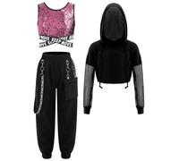Kaerm Traje de hip hop para niños, disfraz de jazz callejero, manga larga, sudadera con capucha, sujetador de lentejuelas, pantalones cargo con cadena de metal, 3 piezas, Rosa., 110-116