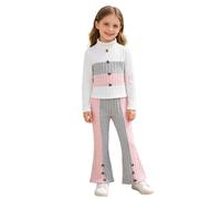 Kaerm Traje de punto para niños y niñas, manga larga, jersey de cuello alto, forro, parte superior, pantalones acampanados, cintura alta, leggings de cintura alta, para otoño y primavera, Rosa., 134