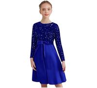 Kaerm Vestido de lentejuelas para niña, manga larga, vestido de terciopelo, líneas A, vestido de princesa, vestido de fiesta de otoño e invierno, vestido de fiesta de Navidad con lazo, azul, 134-140