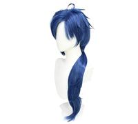 Kaeya Cosplay Peluca larga azul baja cola de caballo pelo con flequillo pelo sintético para Comic-Con juego cosplay personaje, muy suave y liso, fácil de peinar