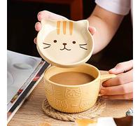 Kafei Taza bonita japonesa de 300ml, taza de café Kawaii con cabeza de gato de cerámica creativa con tapa, taza de desayuno para parejas en casa, taza de leche, taza de agua, taza de café
