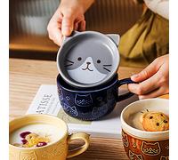 Kafei Taza bonita japonesa de 300ml, taza de café Kawaii con cabeza de gato de cerámica creativa con tapa, taza de desayuno para parejas en casa, taza de leche, taza de agua, taza de café