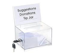KAFENDA Urna de donación de acrílico con candado, caja de sugerencias segura, perfecta para tarjetas de visita (15,9 x 11,4 x 10,2 cm), transparente