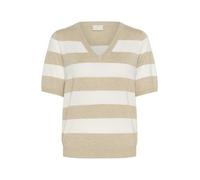 KAFFE Women's Pullover V-Neck Short Sleeves Striped Regular Fit Light Knit Jersey, Feather Gray/Chalk Wide Stripe, S para Mujer