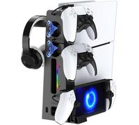 KAFRI Soporte delgado para PS5 / PS5 y estación de refrigeración con cargador de controlador, base de carga PS Portal, ventilador de refrigeración, luz RGB, soporte para auriculares, accesorios de