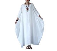 Kaftan De Lino Y Algodón Informal De Talla Grande para Mujer Vestido Largo De Vacaciones Holgado Y Fluido con Cuello Redondo Y Mangas 3/4 De Color Sólido(White,5XL)