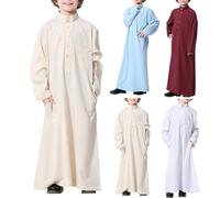 Kaftán islámico musulmán Thobe de manga larga con botones, ropa de oración para niños, Ramadán, árabe, casual, retro, Abaya, Dubai, Jilbab, casual, suave, cómoda, Vino, 9-10 años