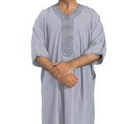 Kaftán Thobe para Hombre Túnica Musulmana con Cuello en V y Manga Corta Vestido Largo de Dubái, Oriente Medio Vestido Abaya de Arabia Saudí(Grau,XXL)