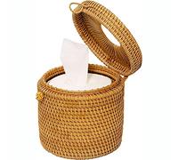 Kagodri Caja de pañuelos redonda de ratán, soporte de papel higiénico de mimbre con tapa, dispensador de contenedor redondo, adecuado para decoración de baño y hogar