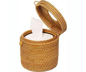 Kagodri Caja de pañuelos redonda de ratán, soporte de papel higiénico de mimbre con tapa, dispensador de contenedor redondo, adecuado para decoración de baño y hogar