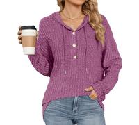 KAHDGSS Women's Hooded Button-Down Drawstring Pullover Casual Long-Sleeved Ribbed Knit Top Work Button Down Shirts for Women