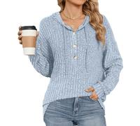 KAHDGSS Women's Hooded Button-Down Drawstring Pullover Casual Long-Sleeved Ribbed Knit Top Work Button Down Shirts for Women