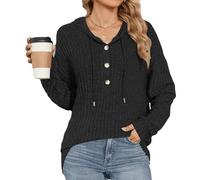 KAHDGSS Women's Hooded Button-Down Drawstring Pullover Casual Long-Sleeved Ribbed Knit Top Work Button Down Shirts for Women