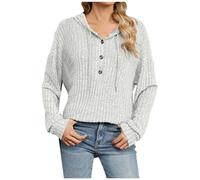 KAHDGSS Women's Hooded Button-Down Drawstring Pullover Casual Long-Sleeved Ribbed Knit Top Work Button Down Shirts for Women