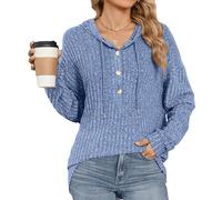 KAHDGSS Women's Hooded Button-Down Drawstring Pullover Casual Long-Sleeved Ribbed Knit Top Work Button Down Shirts for Women