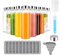 KAHEIGN 10 Piezas Botellas de Vidrio con Tapa Hermética de Acero Inoxidable, 540ml /18oz Jarra para Jugo a Prueba de Fugas Transparente Reutilizable con Limpieza Cepillo, Embudo, Hielo Palitos Bandeja