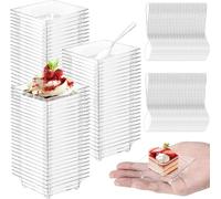 KAHEIGN 100 Piezas Platos de Plástico para Aperitivos con Cucharas, 6CM Plato Cuadrado para Degustación de Postres Tazones Transparentes para Aperitivos Tipo Parfait Platos Reutilizables para Servir