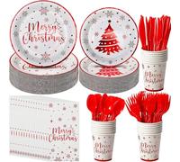 KAHEIGN 100 Piezas Vajilla de Papel para Fiestas Navideñas, 25 x 23CM Platos Grandes, 25 x 18CM Platos de Ensalada, 25 x 270ml Vasos, 25 x 16CM Servilletas - para Festivo Navidad Fiesta Decoración