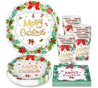 KAHEIGN 100 Piezas Vajilla de Papel para Fiestas Navideñas, 25 x 23CM Platos Grandes, 25 x 18CM Platos de Ensalada, 25 x 270ml Vasos, 25 x 16CM Servilletas - para Festivo Navidad Fiesta Decoración