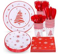 KAHEIGN 100 Piezas Vajilla de Papel para Fiestas Navideñas, 25 x 23CM Platos Grandes, 25 x 18CM Platos de Ensalada, 25 x 270ml Vasos, 25 x 16CM Servilletas - para Festivo Navidad Fiesta Decoración