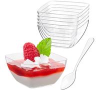 KAHEIGN 100 Piezas Vasos de Plástico para Postre con Cucharas, 60ml Cuadrado Tazas Transparente para Parfait y Aperitivo Tazón Servir Reutilizable para Postres Pudín Mousse Fiesta (5cm x 3cm)