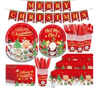 KAHEIGN 102 Piezas Vajilla de Papel para Fiestas Navideñas, 25 x 23CM Platos Grandes, 25 x 18CM Platos de Ensalada, 25 x Vasos, 25 x Servilletas, 1 x Mantel y Banderín - para Navidad Fiesta Decoración